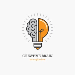 Logo with a half of light bulb and brain isolated on white background. Symbol of creativity, creative idea, mind, thinking.