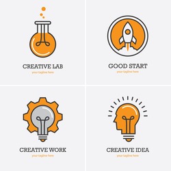 Four icons with human head, rocket and light bulb for creative idea, work or solution logo concept. Business start up symbol.