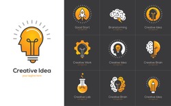 Icons set with brain, light bulb, human head. Creative idea, mind, nonstandard thinking logo. Isolated on black background