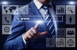 business, technology, internet and networking concept - businessman pressing www search bar button on virtual screens 