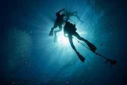 Silhouettes of scuba divers descending on a descent line with the sun behind them - Akumal, Riviera Maya, Mexico