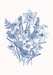 Bouquet of early spring flowers. Botanical Illustration engraving style. Vector. Blue.