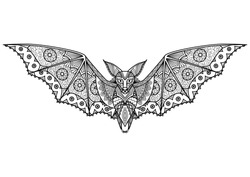 Zentangle Bat totem for adult anti stress Coloring Page for art therapy, tribal illustration in doodle style. Vector monochrome sketch with high details isolated on black background.