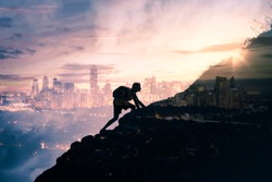 Man climbing up mountain against city background. Reach your life goals and conquer your fears concept. Double exposure. 
