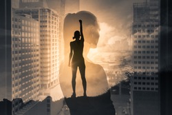 Silhouette of super strong successful business woman. Mental strength, determination, and people power, positive thinking concept. double exposure. 