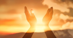 Worshiping hands up to the sky. Faith and hope concept. 