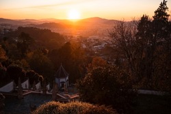 View of the stairway the church of Bom Jesus do Monte in beautiful sunset, Braga, Portugal.