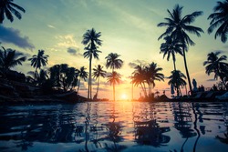 Tropical beach with pool and silhouetted palm trees during sunset.