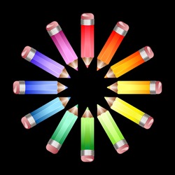 A circle of coloured pencils forming a colour wheel on a black background. EPS10 vector format