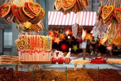 Gingerbreads, candies and nuts displayed on a Christmas market stall in Berlin, Germany