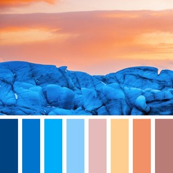 Detail of the blue glacial ice of Svinafellsjokul glacier, Iceland, at sunset. In a colour palette with complimentary colour swatches.