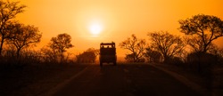 Silhouette of safari vehicle on the brow of a hill at sunset, with golden sunlight and silhouettes of trees. Kruger National Park, South Africa. 