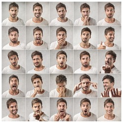 mosaic of young man expressing different emotions