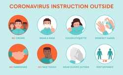 Set icons infographic of prevention tips quarantine coronavirus Covid-19 instruction outside of street for people and society. Safety rules during pandemic ncov-2019. Information poster brochure.