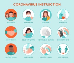 Set icons infographic of prevention tips quarantine coronavirus Covid-19 instruction inside and outside for people and society. Safety rules during pandemic ncov-2019. Information poster, brochure.