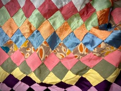 Vintage Patchwork Quilt - Square Pattern Colorful Fabric Retro Homemade Sewn Blanket Textile Folds Background Wallpaper Geometric Lines Texture Close Up Macro