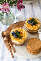 Passion fruit mascarpone cheese desserts served in individual cups and garnished with blueberries and mint leaves.