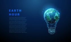 Abstract blue light bulb with planet Earth inside. Earth hour ecology concept. Low poly style design. Geometric background. Wireframe light connection structure. Modern 3d graphic. Vector illustration