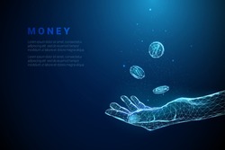 Abstract blue giving hand with flying coins. Low poly style design. Finance concept. Modern 3d graphic geometric background. Wireframe light connection structure. Isolated vector illustration.