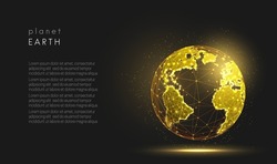 Abstract golden planet earth. World map. Space view. Low poly style design. Geometric background. Wireframe light connection sphere structure. Modern 3d graphic concept. Isolated vector illustration
