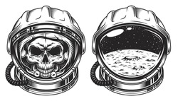 Skull in space helmet with star. Poster, emblem concept