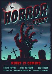 CInema horror poster with hand from the earth. Vector illustration.