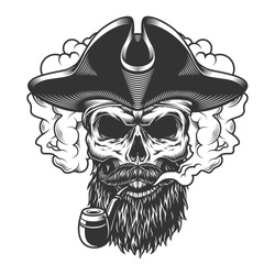 Skull in smoke cloud and pirate hat. Vector illustration