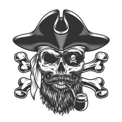 Vintage bearded and mustached pirate skull smoking pipe with eye patch and crossbones isolated vector illustration