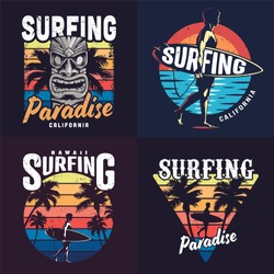 Vintage colorful surfing prints set with hawaiian tiki mask palm trees and man holding surfboard on sea background vector illustration