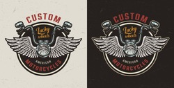 Vintage custom motorcycle colorful logotype with winged motorbike steering wheel on dark and light backgrounds isolated vector illustration