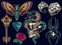 Vintage colorful tattoos set with dice antique golden key beautiful rose butterfly diamond scary cross spider snake entwined with skull on dark background isolated vector illustration