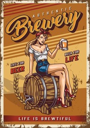 Brewing colorful vintage poster with pretty woman holding cup of fresh beer and sitting on wooden barrel with tap vector illustration