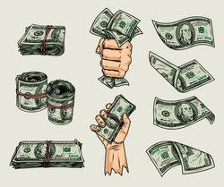 Money elements colorful composition with male hands holding dollar bills rolls and stacks of american cash banknotes in vintage style isolated vector illustration