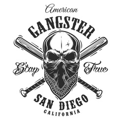 Gangster emblem, label, print, badge with skull in bandana and crossed baseball bats