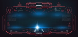 Red interface frame with hazard warning signals. Sci-fi futuristic HUD, GUI, UI dashboard. Display virtual reality technology screen. HUD style interface design