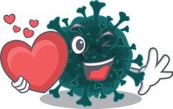 A romantic cartoon design of coronavirus COVID 19 holding heart