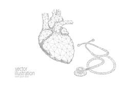 World Heart health Day awareness infarct attack prevent. Medicine low poly render human organ stethoscope polygonal geometric vector illustration art