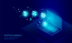 Ethereum Bitcoin Ripple coin digital cryptocurrency laptop pc cell web online payment. Big data information exchange technology. Blue isometric web internet electronic payment vector illustration