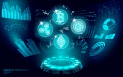3D low poly digital cryptocurrency HUD display. Future web online payment. Big data information exchange technology. Blue abstract web internet electronic payment UI vector illustration
