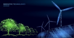 3D windmills ecology forest concept. Save environment wind green tree energy sustainable power. Eco global planet solution. Triangle vector illustration art