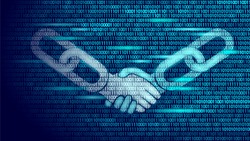Blockchain technology agreement handshake business concept low poly. Icon sign symbol binary code numbers design. Hands chain link internet hyperlink connection blue vector illustration