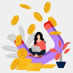 A woman uses her laptop computer while sitting on the magnet. To make money, a woman works in an online business. Many precious coins are attracted to the magnetic. Earning money online is a notion.