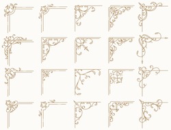 Vintage corner frames with different shapes. Set of isolated decorative angle borders. Flourish vector designs for greeting card, book page, restaurant menu, certificate, wedding invitation etc.