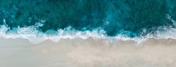 Top view aerial image from drone of an stunning beautiful sea landscape beach with turquoise water with copy space for your text. Beautiful Sand beach with turquoise water, aerial UAV drone shot