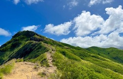 High green hills and sky in Hawaii. Empty space for text. Ecological life and village concept