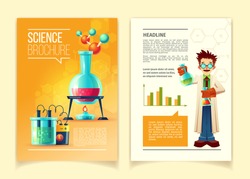 Science brochure vector template, front and back side, educational leaflet, flyer with different chemistry equipment, vials, flasks, molecules, chemical formulas and scientist in cartoon style