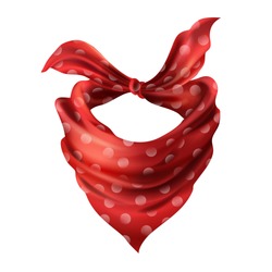 Vector 3d realistic silk red neck scarf. Fabric cloth of dotted neckerchief. Scarlet bandana, outerwear of western cowboy. Unisex accessory isolated on white background