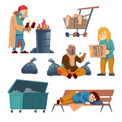 Homeless people cartoon vector characters set isolated on white background. Poor man sleeping on bench, woman asking for help with signboard in hands, beggar warming palms, begging alms illustration
