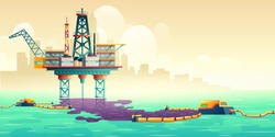 Oil spill accident on sea drilling rig platform cartoon vector illustration. Filters cleaning up oil stains on water surface. Technogenic catastrophe, ecological, environmental disaster liquidation