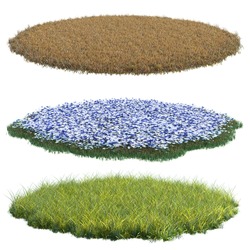 Collection round surface patch covered with flowers, green or dry grass isolated on white background. Realistic natural element for design. Bright 3d illustration.